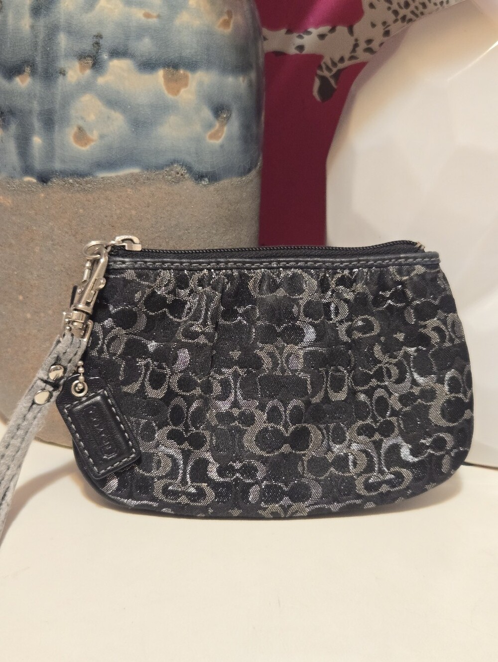 Coach Black & Silver Metallic Signature Wristlet Pouch